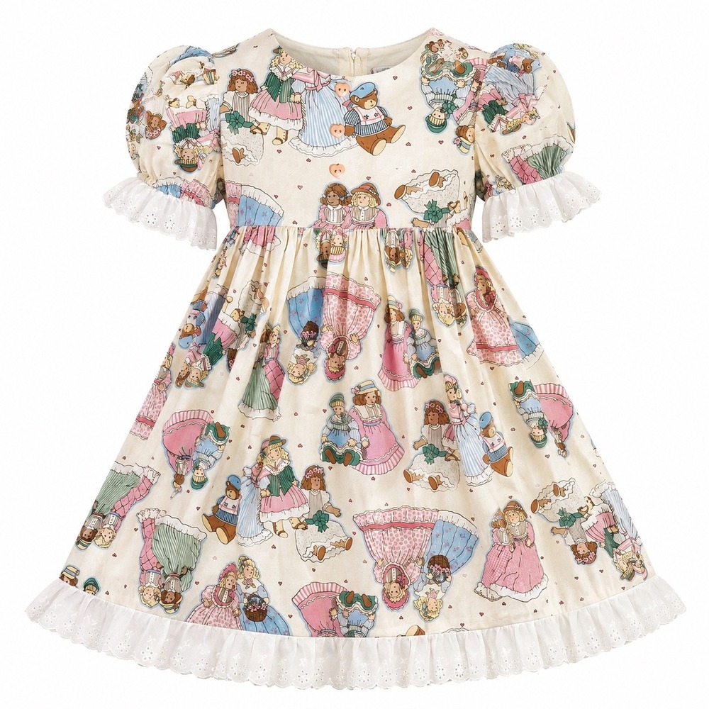Vintage 80s 90s Girls Teddy Bear Doll Dress Puff Sleeve Cottagecore Cream